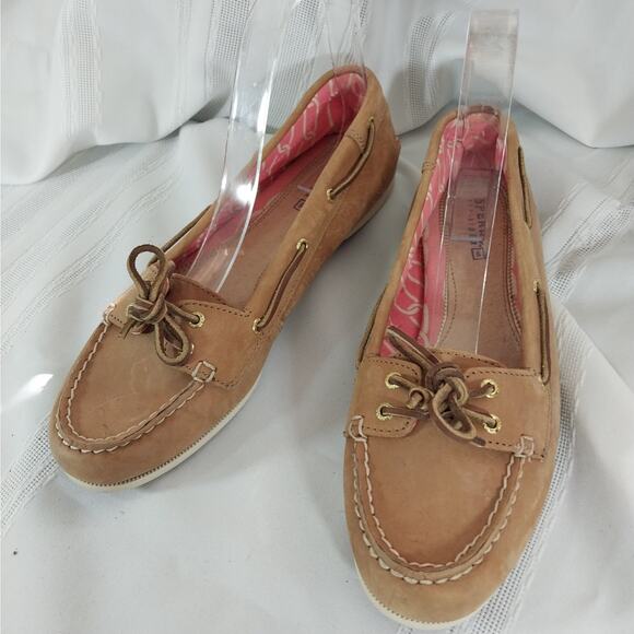 SPERRY! TOPSIDER FAWN BEIGE GENUINE LEATHER, BROWN LACING DECK SHOES! SZ 8M - Picture 1 of 10